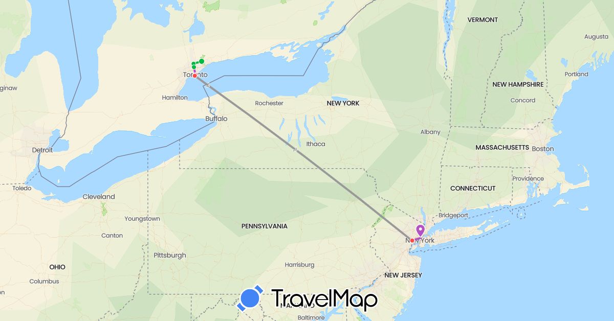 TravelMap itinerary: driving, bus, plane, train, hiking in Canada, United States (North America)